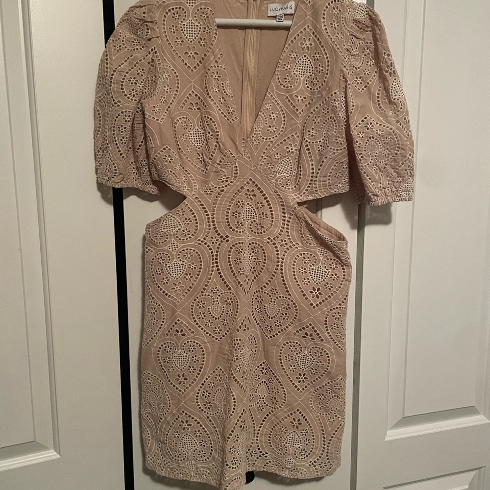 Lucy Paris Tan Sheath Dress with Puff Sleeves and Plunge Neckline